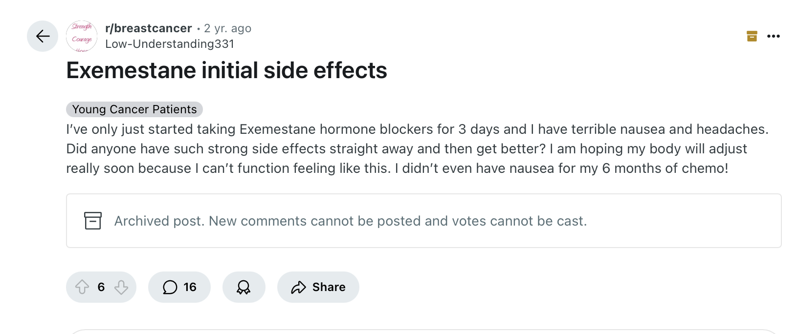 Initial Side Effects Nausea after 3 days on Exemestane? | BCNA Online Network